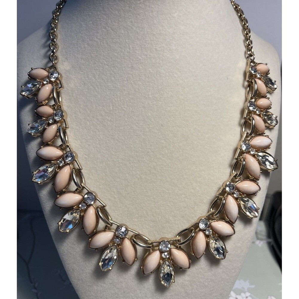 Pink Angel Links Crystal Marquis Chain Link Necklace Lucite 19" Gold Tone
